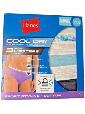Womens Hanes Cool Dri (3) Tagless Hipsters 2XL/9 Underwear Moisture-Wicking NEW